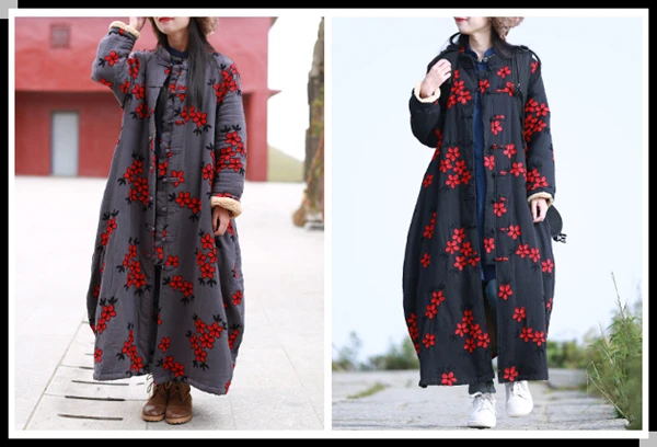 LZJN Women's Chinese-Style Floral Embroidered Trench Coat, Maxi Loose Overcoat, Windproof Fleece Jacket, for Autumn and Winter