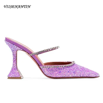 

VIISENANTIN 2019 Summer Sexy Lavender Green Glitter Slides Point Toe Crystal Beaded Strap Sequined High Heel Slippers Shoe Women