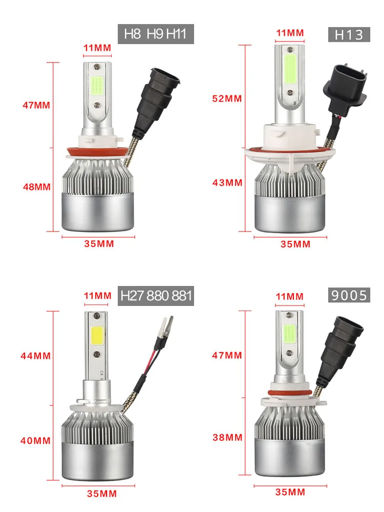 2 шт. C6 светодиодный H7 H4 h1 H3 H8 H11 H13 HB3 HB4 HIR2 HB1 HB5 hb2 H10 H27 H16JP H16EU автомобильные головные фары лампы COB Чип 36 Вт 6000 K