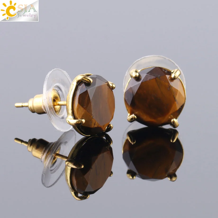 

CSJA Natural Stone Stud Earrings Round Pink Crystal Quartz Gem Beads Gold-Color Simple Earring for Women Girl Charm Jewelry F693