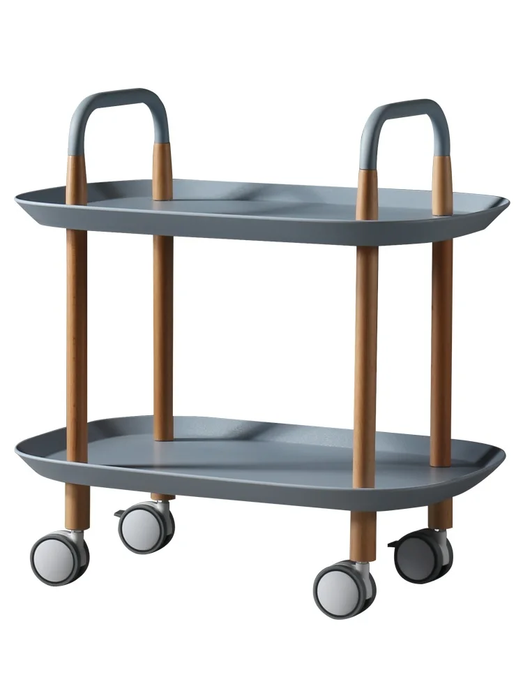 

2-Tier Shelf Cart with Casters / Rolling Serving Cart with Wheels / PP Plastic Tray / Metal Handle / Wood Stand of Beech