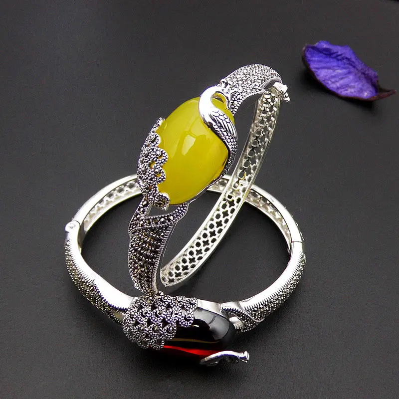 

FNJ Natural Yelllow Stone Bangle peacock MARCASITE 925 Sterling Silver Oval Red Stone S925 Thai Silver Bangles for Women Jewelry