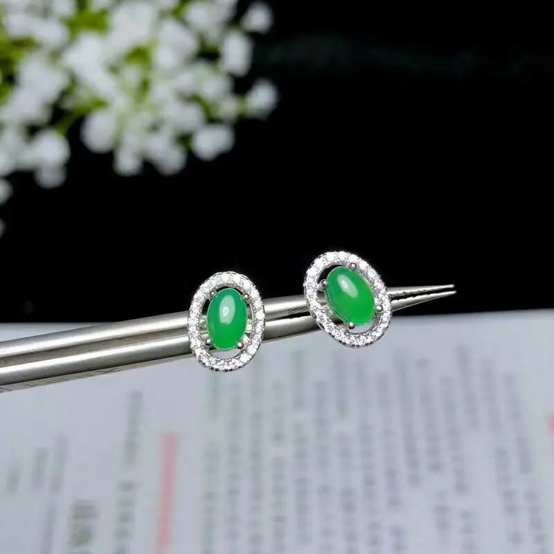 Серьги гвоздики SHILOVEM серебро 925 пробы натуральный зеленый халцедон классические