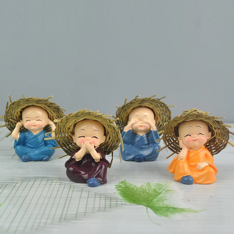 

4pcs Set With Straw Hat Four Monk Resin Handicraft Factory Direct Selling Small Decoration Miniatures Figurine Home Decor Garden