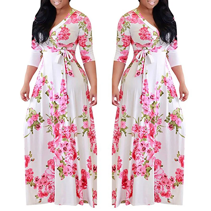Женское платье с коротким рукавом, цветочный принт, длинное платье макси с поясом, глубокий v-образный вырез,, летнее пляжное платье размера плюс 3XL 4XL 5XL