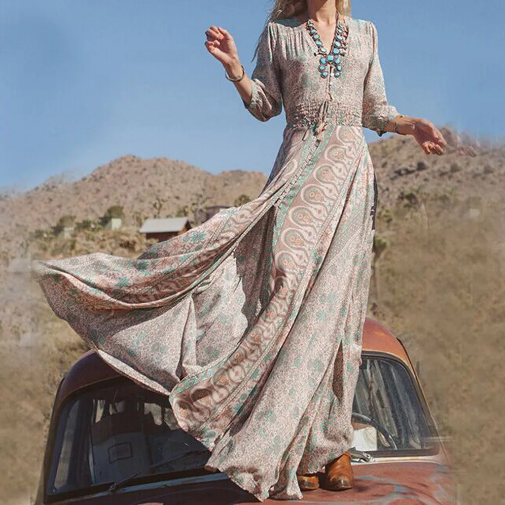 

Women's Summer Bohemian Printed Tight Waist V-Collar Chiffon Beach Dresses Summer Women Tassel Sexy Casual Chiffon Dress
