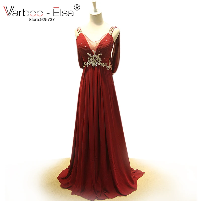 

Real Images V Neck Backless Sexy Prom Dress Pleated Chiffon Spaghetti Straps Crystal Prom Dress Wine Red Long Evening Dress 2018