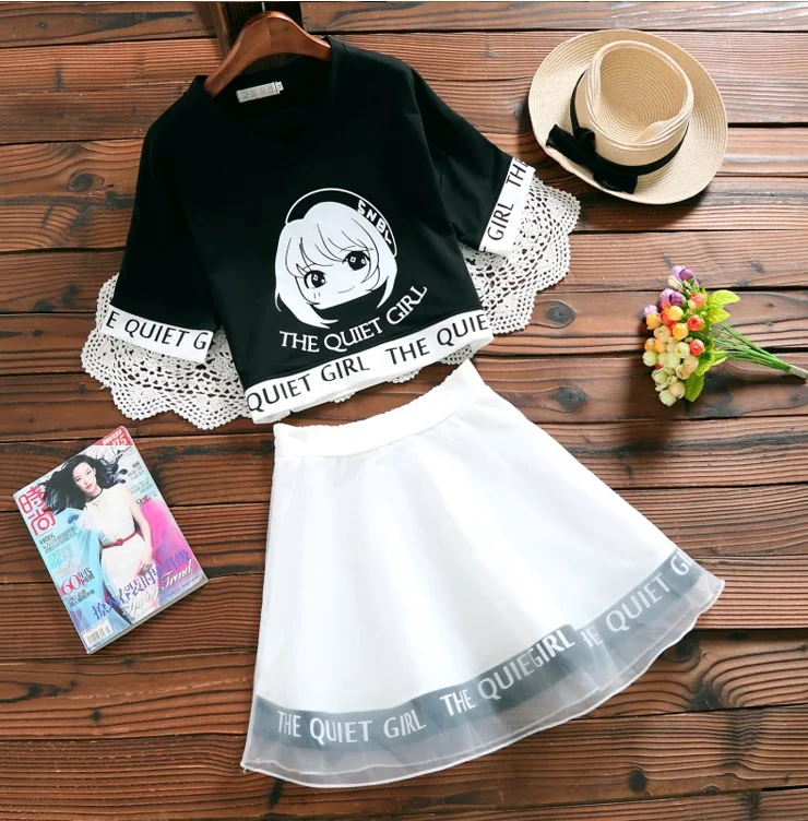 Японский стиль Mori Girl, комплект из двух предметов, Милый хлопковый топ с буквенным принтом для девочек, мини-юбка в сеточку с высокой талией милый Элегантный комплект