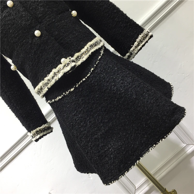 Брендовый дизайнерский шерстяной комплект из 2 предметов, Женское пальто с жемчужными пуговицами, куртка и Мини Короткая юбка, костюм, зима-осень, комплект с юбкой с бисером