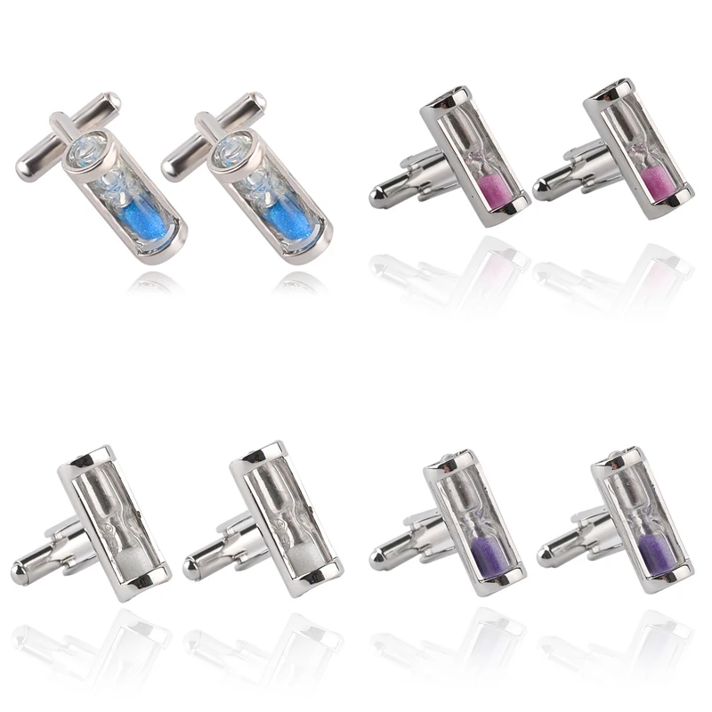 Luxury Hourglass Cufflinks For Mens Silver Sand Clock Glass Timer