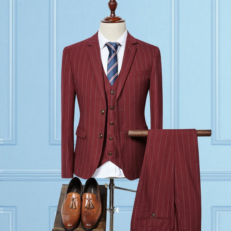 Jacket+pant+vest / 2017 Spring Autumn Fashion Men's Business Casual Vertical Stripes Suit Three-piece Suit Blazers Coat Trousers