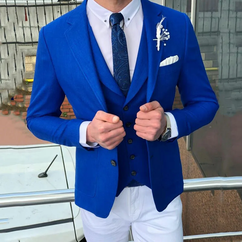 Royal Blue Terno Masculino Slim Fit Men Suits Blazers Custom Made Groom Wedding Tuxedos Notched Lapel Vest Coat Pants 3Piece italian   men wedding suits peaked lapel custom made groomsmen suit groom tuxedos man blazers 3piece jacket pant silver vest