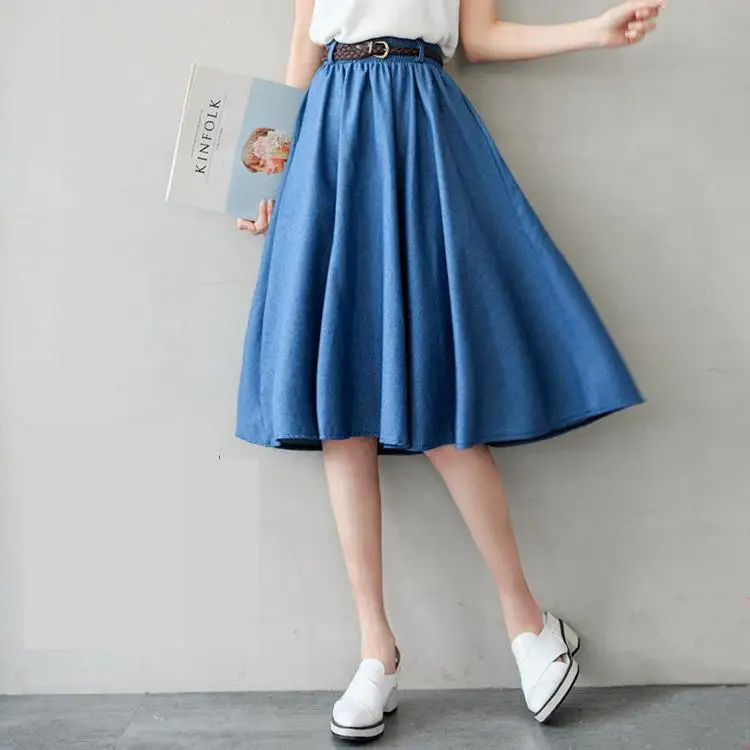 

2019 Spring New Preppy Style High Waist Denim Skirts With Belt Chic A-Line Jeans Skirt Saias Na Altura Do Joelho Free Shipping