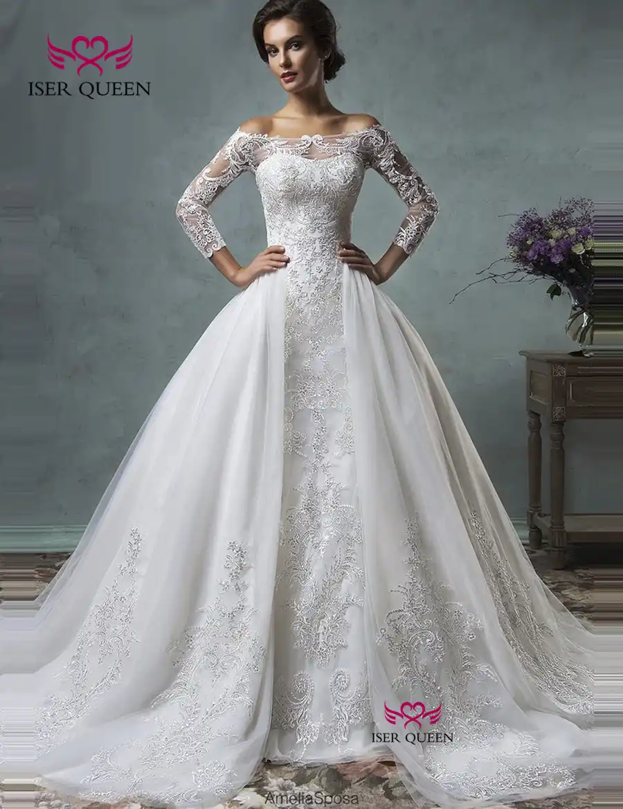 Vestido De Novia De Calidad De Encaje De Lentejuelas Sirena Con Falda De Quita Y Pon 3 4 Manga Arabe Dubai De Talla Grande Vintage Vestidos De Novia W0056 Aliexpress