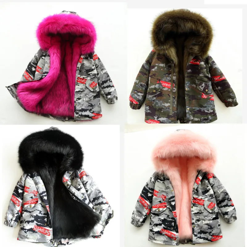 

Winter Boys Girls Fake fur Jackets children Big Fur Parkas Zipper Children Pink Overcoats Filled Feather Fuax Fur Clothes