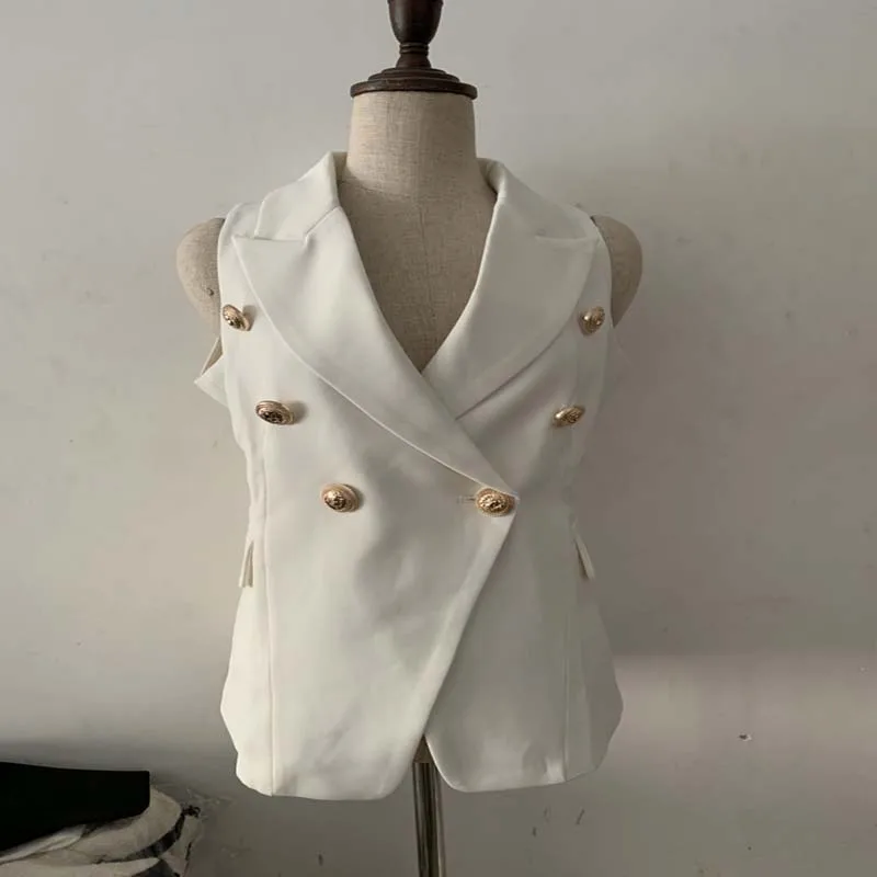 Новая мода высокое качество золото двубортный жилет с кнопками верхняя одежда офисные женские туфли карьера стиль белый черный - Цвет: White