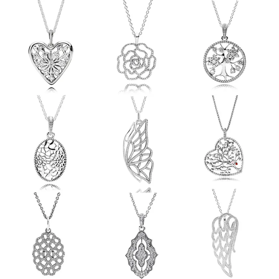 

Shimmering Rose Family Tree Floral Daisy Lace Angel Wing Necklace For Women Gift Europe Jewelry 925 Sterling Silver Necklace