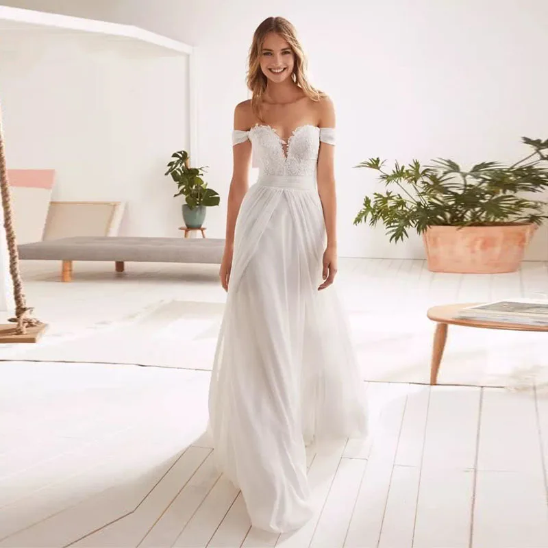 

Strapless Appliques Wedding Dress Aline Off the Shoulder Chiffon Bride Dress Gown Backless Floor Length Bridal Gown For Wedding
