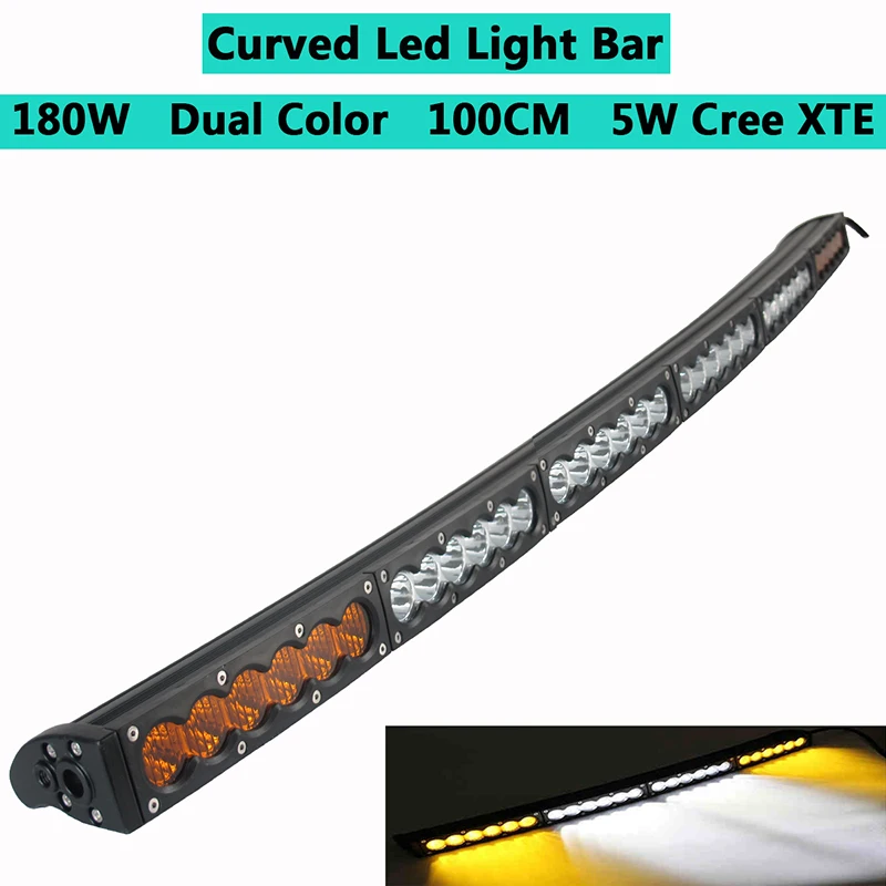 180w dual color curved led light bar work light single row with cree white amber yellow car offroad for jeep cherokee xj wj truck car atv suv auto driving work light bar combo beam 