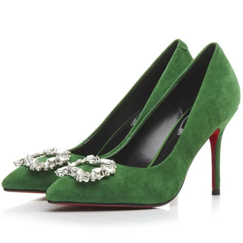 

Brand fashion 9cm super thin high heels Genuine sheepskin summer shoes ladies work Green black square crystal buckle pumps 2017