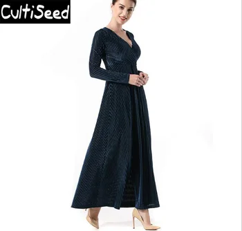 

Gold Velvet Long Sleeve Long Party Dress Clothing 2020 Female Spring Vintage Elegant Office Work V-neck Slim Dress