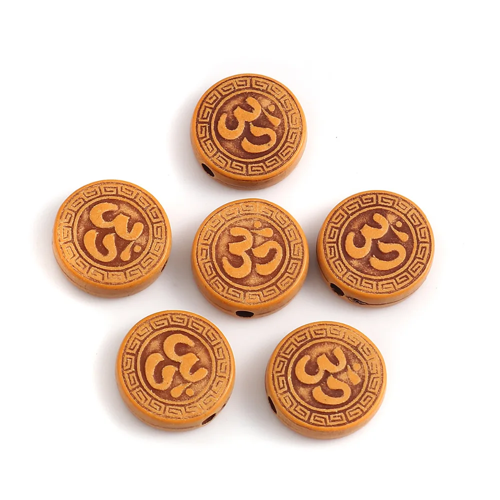 Doreen Box New Acrylic Beads Round Brown Yoga OM/ Aum Pattern Imitation Wood About 14mm( 4/8&quot) Dia Hole: Approx 2mm 200 PCs | Украшения