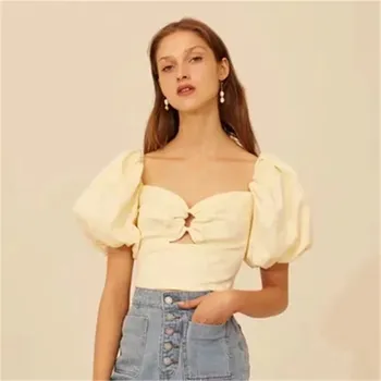 

2019 Summer Women Casual Slim Blouse Square Collar Puff Sleeve Hollow Out Solid Short Shirt
