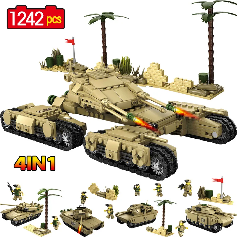

1242pcs Army Model Tanks 4 In 1 Assemblage Building Blocks Set Compatible Military Weapon tank DIY Bricks Children Toys