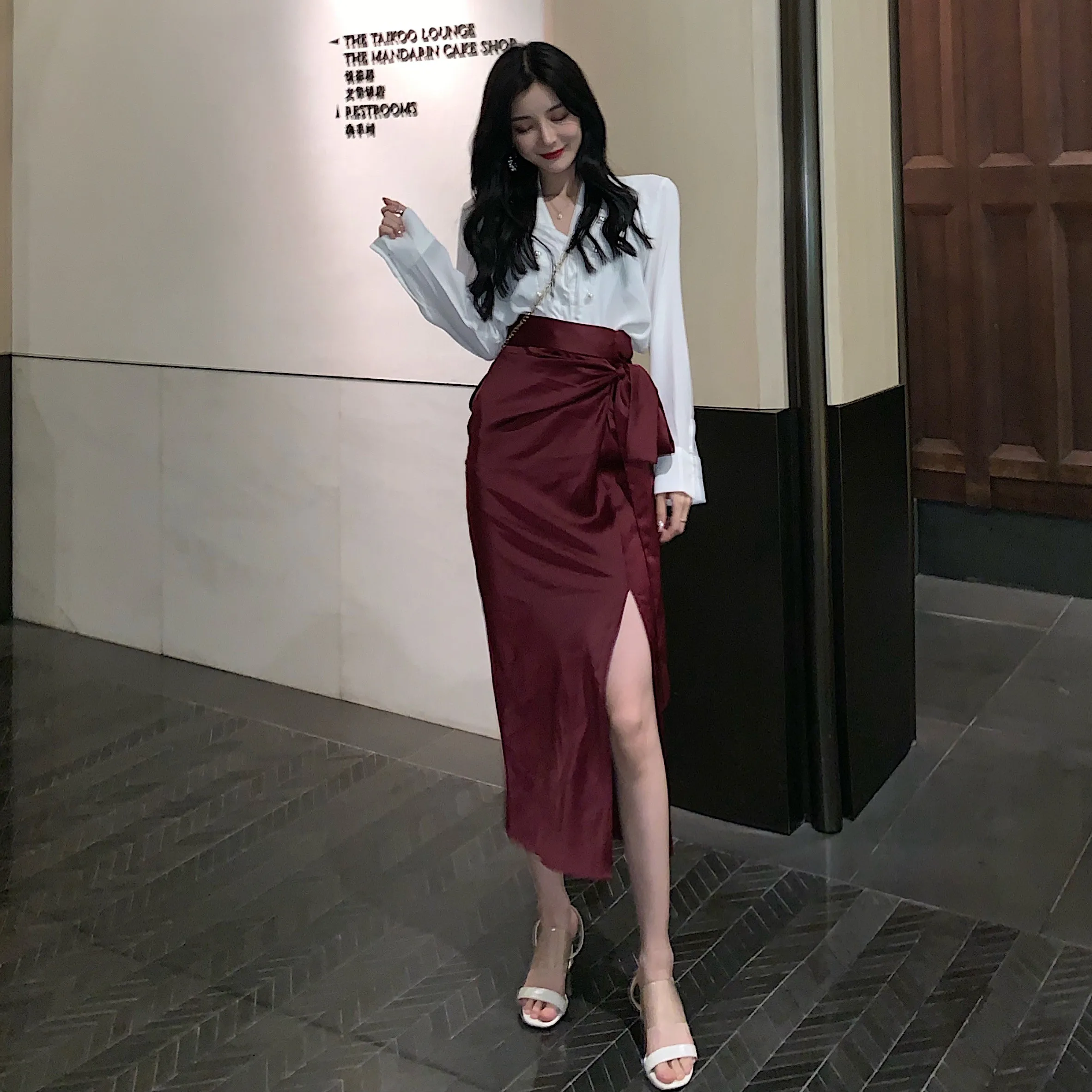 

Women Summer Fashion OL Elegant Sash Bowtie Skirt French Niche Thin High Waist Satin Skirts Sexy High Split Slim Bag Hip Skirts