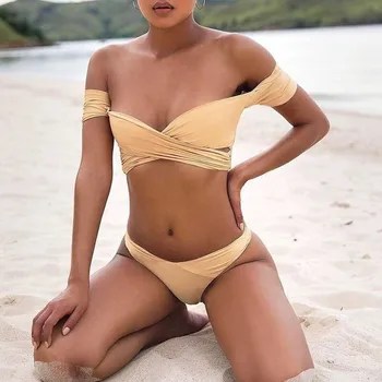 

2019 New Off-the-shoulder bikini Swimsuit Cross Bandage Two-piece Swimsuit Female Beachwear Padded Push Up Cut Out Bikinis Suit