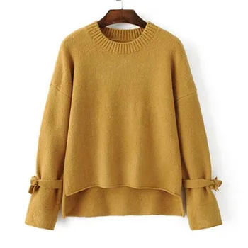 

Chic Side Slit Strappy Flare Sleeve Sweater New Women bandage Cuff Asymmetry Knitwear Jumper Pullover kleding jerseis femme