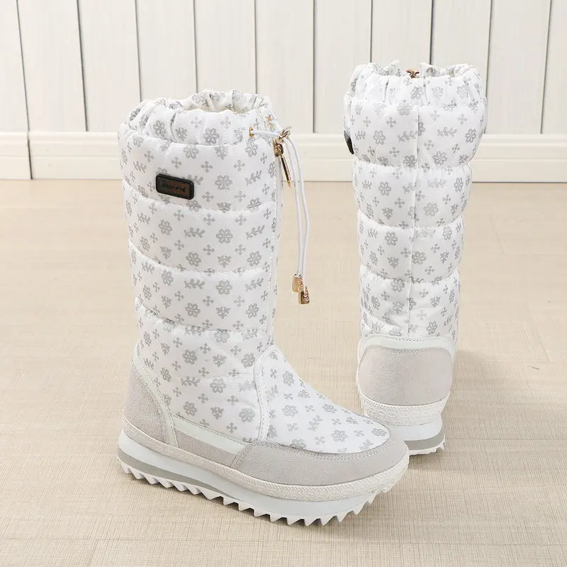 Skup Białe wysokie buty damskie śniegowe buty 50% futro naturalne grube tekstylne srebrne drukowanie 2019 nowy styl projektowania BUFFIE marka zip uwalnia statek
