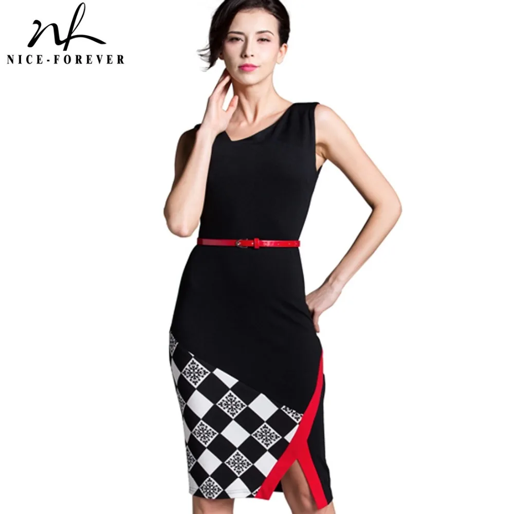 

Nice-forever Summer Office Lady Sleeveless Belted Vintage Dress Irregular V Neck Patchwork Checks Zipper Pencil Fit Dress B290