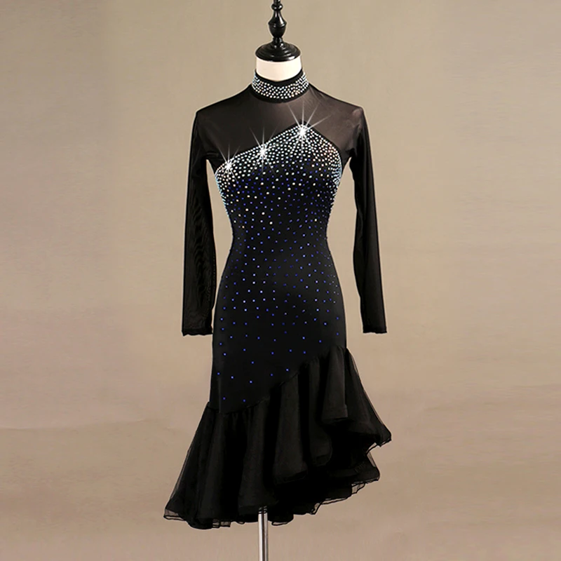 Женская юбка для латинских танцев с длинным рукавом, профессиональная одежда для латинских танцев Самба, платье для латинских танцев для взрослых
