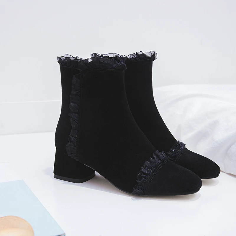 

Women's genuine suede leather Flounced autumn winter ankle boots brand designer square toe high heel short booties shoes size 9