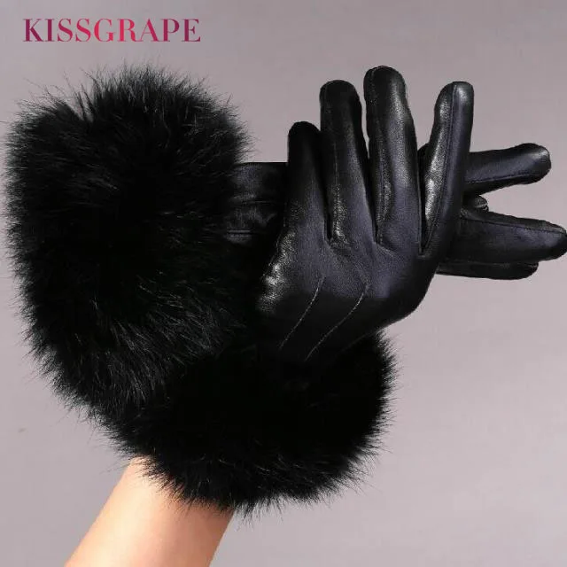 Luxury Brand 2017 Winter Women's Genuine Leather Gloves Female Warm Natural Sheep Leather Gloves with Super Big Rabbit Fur