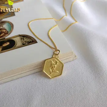 

Hexagonal Rose Flower Real 925 Sterling Silver 18k Gold Necklace For Women Fashion Fine Jewelry Necklaces Pendants Flyleaf