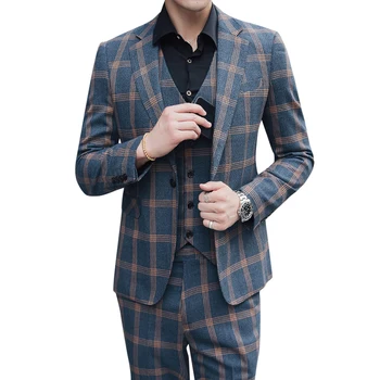 

Jacket Pants Vest 3 Pieces Set / 2019 Fashion New Men's Casual Boutique Business Plaid Suit Blazers Coat Trouser Waistcoat