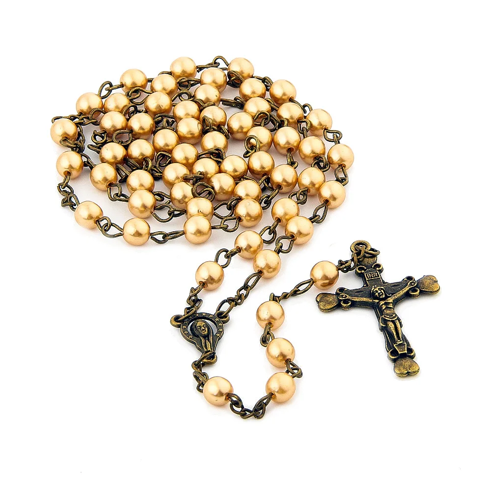 

Cross Necklace Vintage Pearl Long Rosary Necklace Religious Pray Jewelry For Men Women