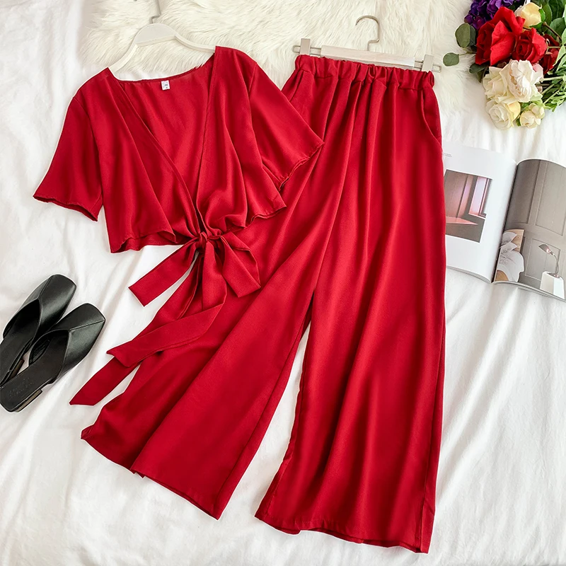 Комплект из двух предметов в пляжном стиле, топ и штаны, Короткие блузки с v-образным вырезом и эластичной резинкой на талии, широкие брюки, Женский комплект 11537 - Цвет: red