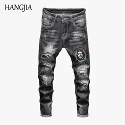 Мужские байкерские джинсы тертые рваные джинсы джоггеры 2019 уличная Вышивка отверстия дизайн черный Прямые джинсы