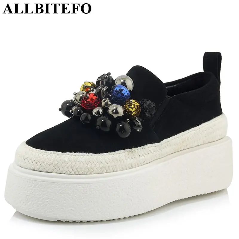 

ALLBITEFO genuine leather novelty women flats sneakers shoes floral spring flat heel shoes new string bead platform shoes