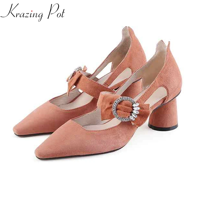 

Krazing pot new sheep suede pointed toe round high heel graceful streetwear round crystal buckle party butterfly-knot pumps L36
