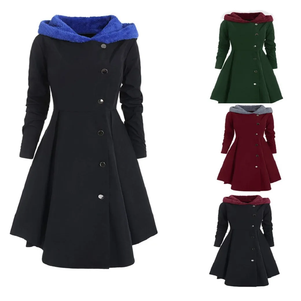 

Women Vintage Asymmetric Hooded Plus Size Slim Coats New Casual Single Breasted A-line Long Windbreaker Outerwear