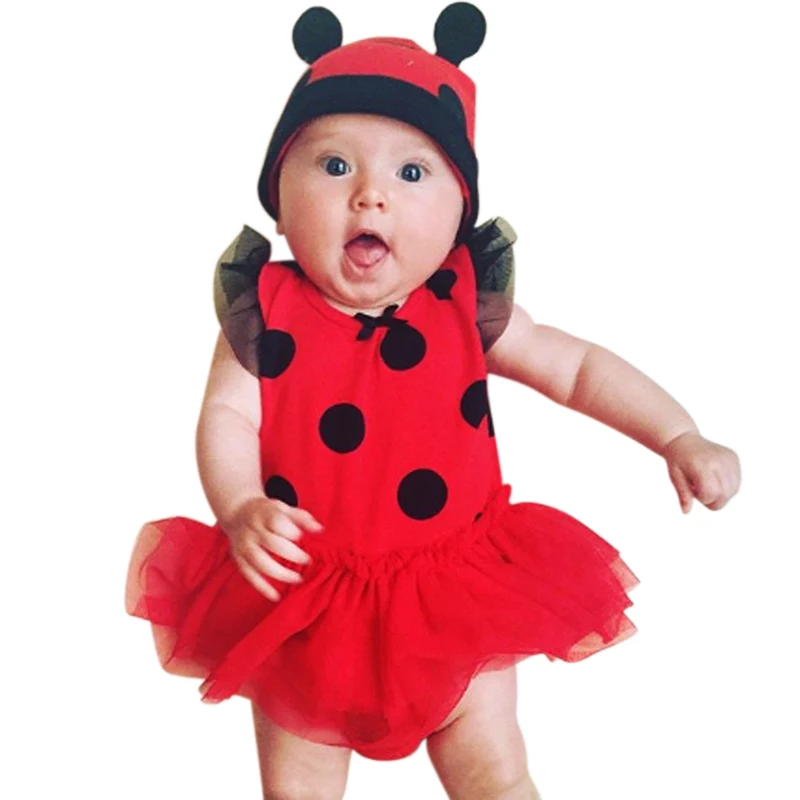 

Rorychen 2018 New 2Pcs Toddler Newborn Baby Girls Ladybug Printed Outfits Tutu Rompers+Hat Party Fancy Baby Girl Clothes Costume
