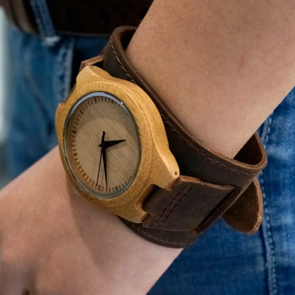 BOBO BIRD Men Watch Natural Bamboo Japanese Quartz Wooden Dial Wide Genuine Leather Band Wrist Watch Brown With Gift Box
