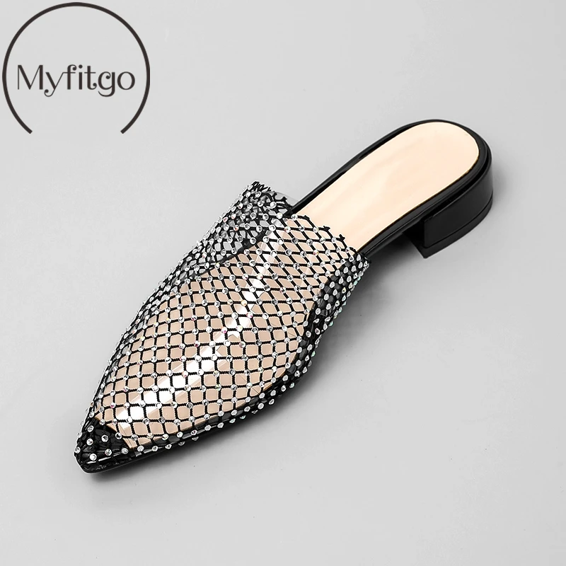 

Myfitgo Summer Flats Mules Crystal Lady Sandals Slippers Slip On Pointed Toe PVC Net Women Outdoor Slipper Shoes Woman Slides