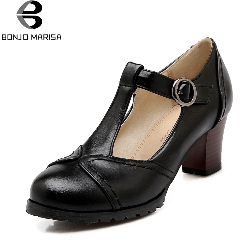 

BONJOMARISA 2018 Summer Elegant Plus Size 34-46 T-strap Pumps Women Fashion Sewing School Shoes Woman High Heels Footwear