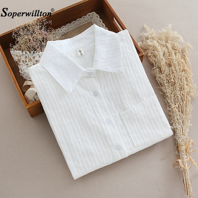 

Casual Feminine T-Shirt 100% Cotton T Shirts Pocket Women Shirt White Tshirt Button Spring Long Sleeved Elegant Blusas Tops Loos