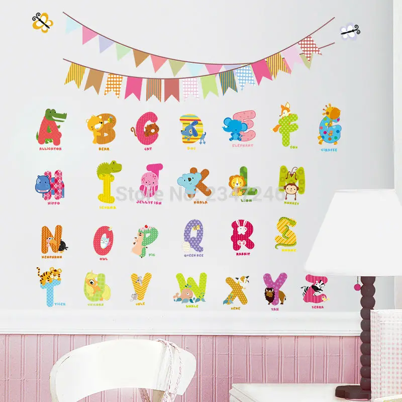 Animal Letters Wall Decals Cartoon Alphabet Removable Home Decor Kids Room ABC Wall Art Stickers For